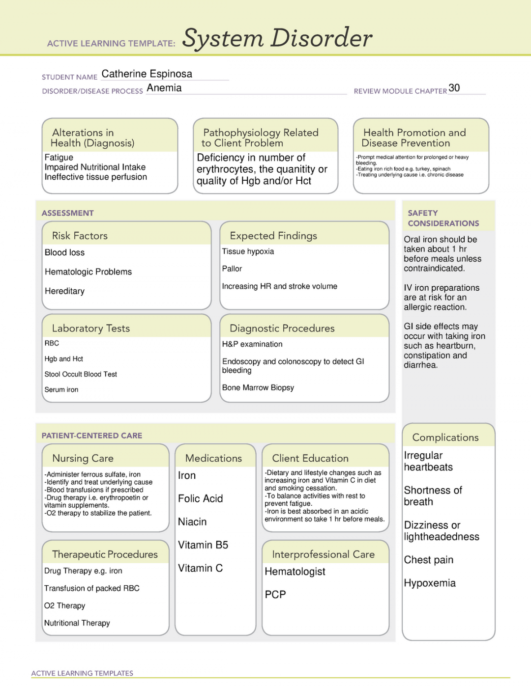 Anemia System Disorder - ACTIVE LEARNING TEMPLATES System Disorder