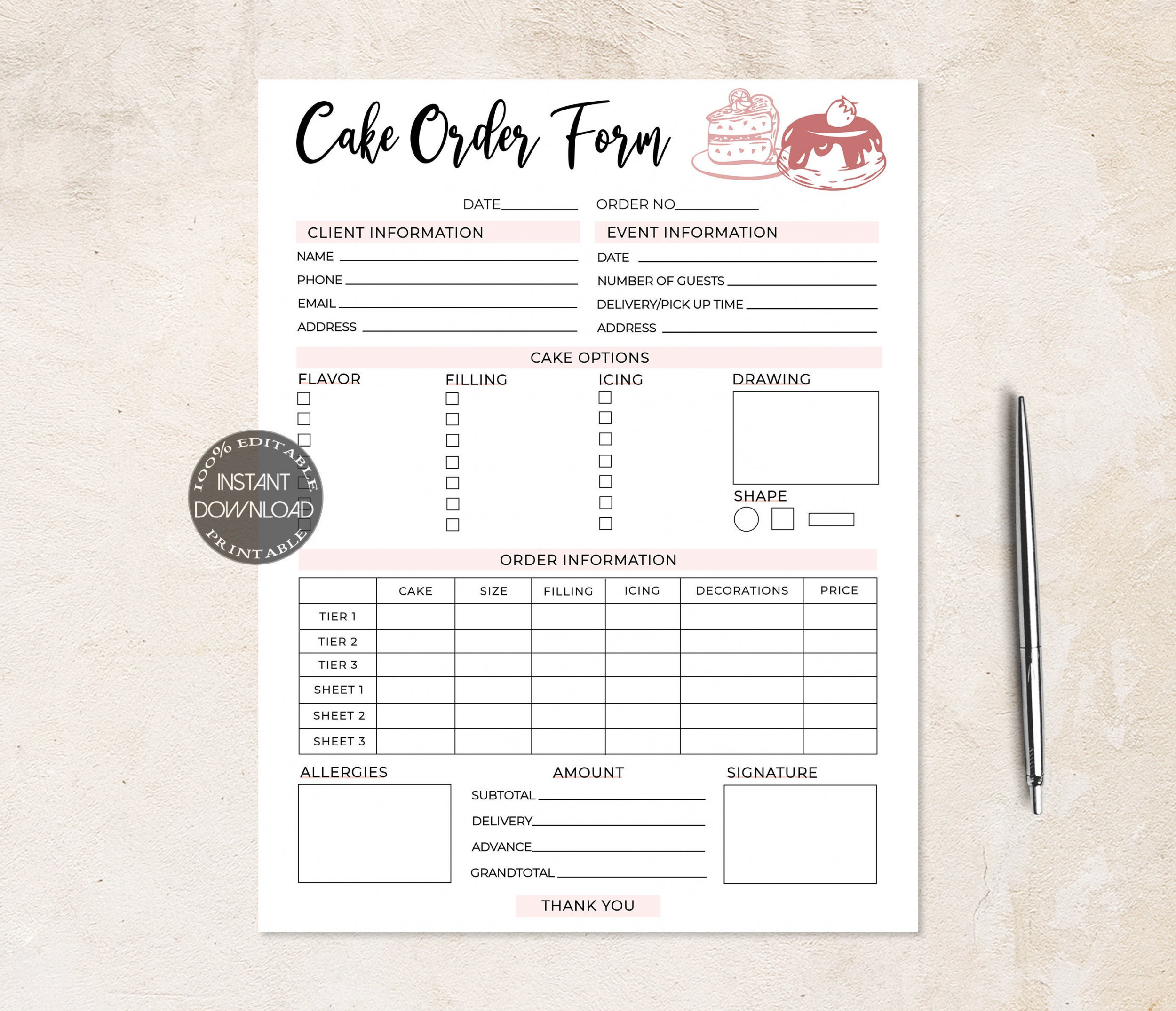 Cake Order Form Template Bakery Order Form Printable Small - Etsy