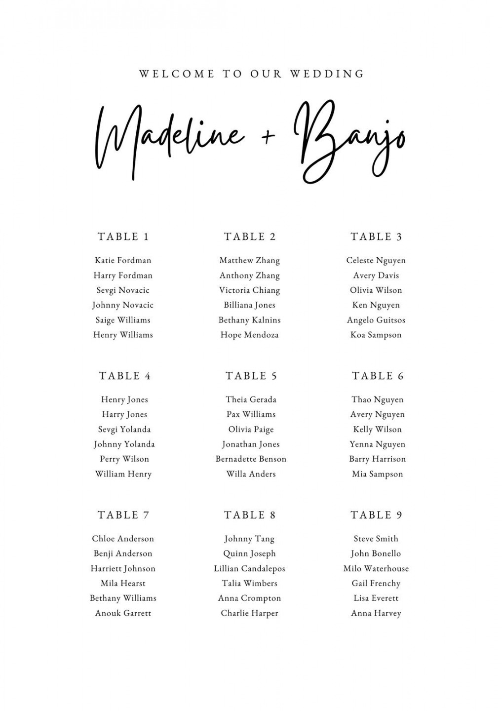 Free custom printable wedding seating chart templates  Canva