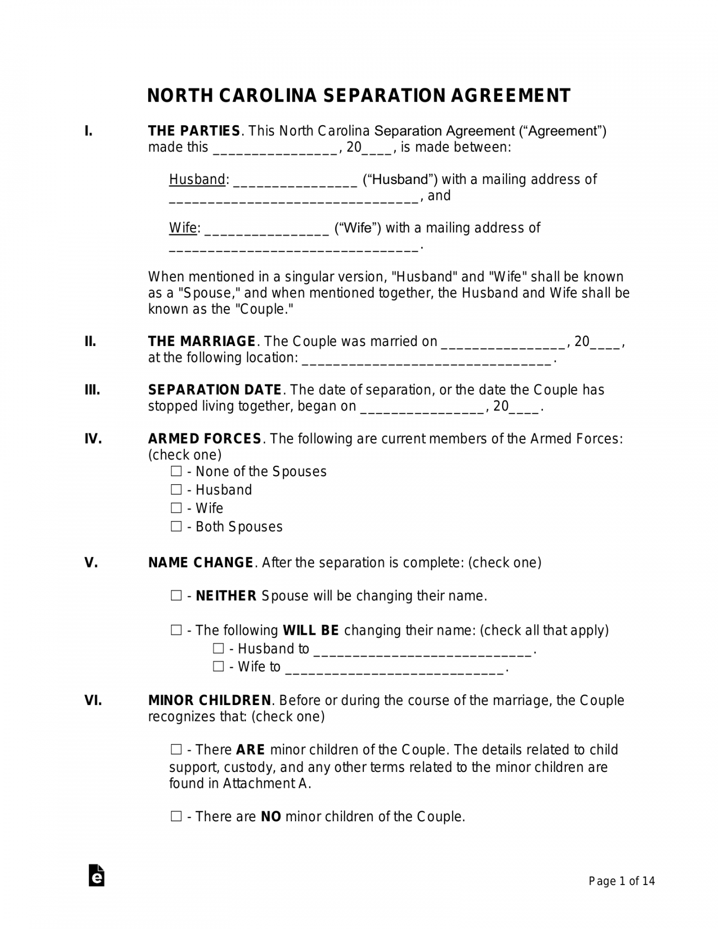 Free North Carolina Separation Agreement Template - PDF  Word