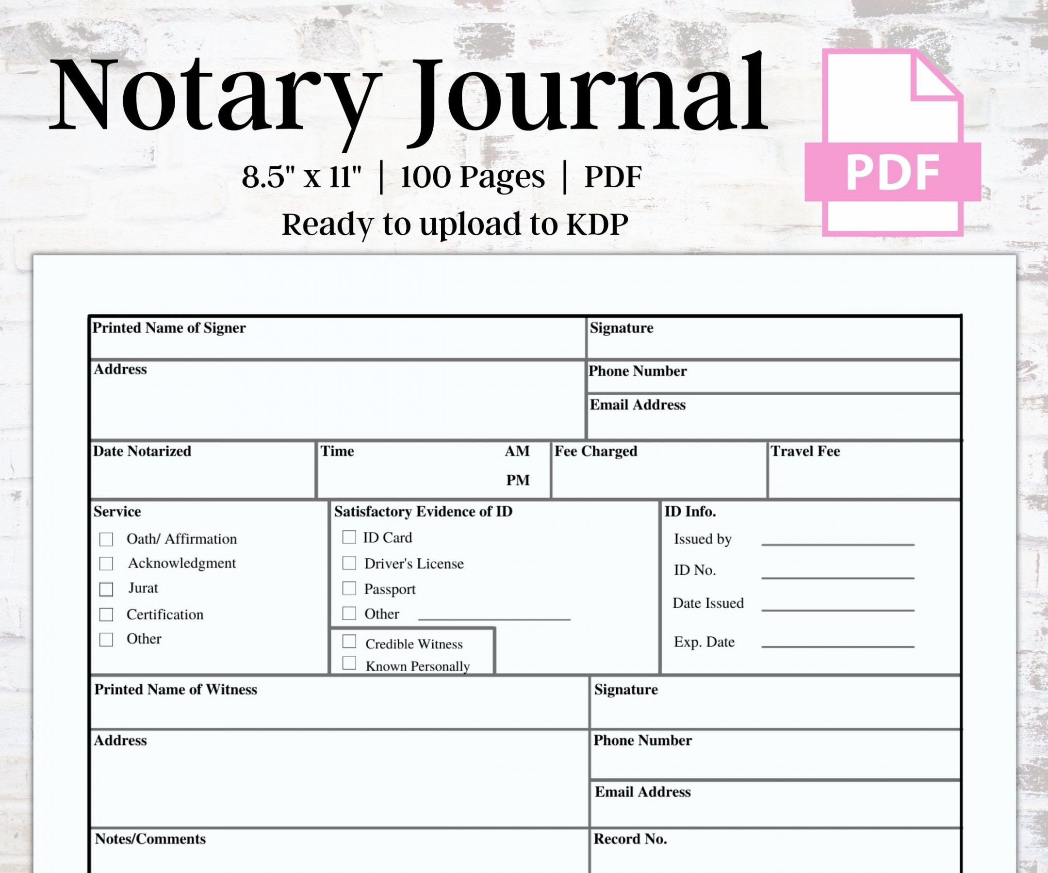 Notary Journal  Notary Record Log Book  Instant Download  KDP