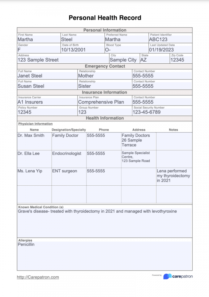 Personal Health Record Template & Example  Free PDF Download