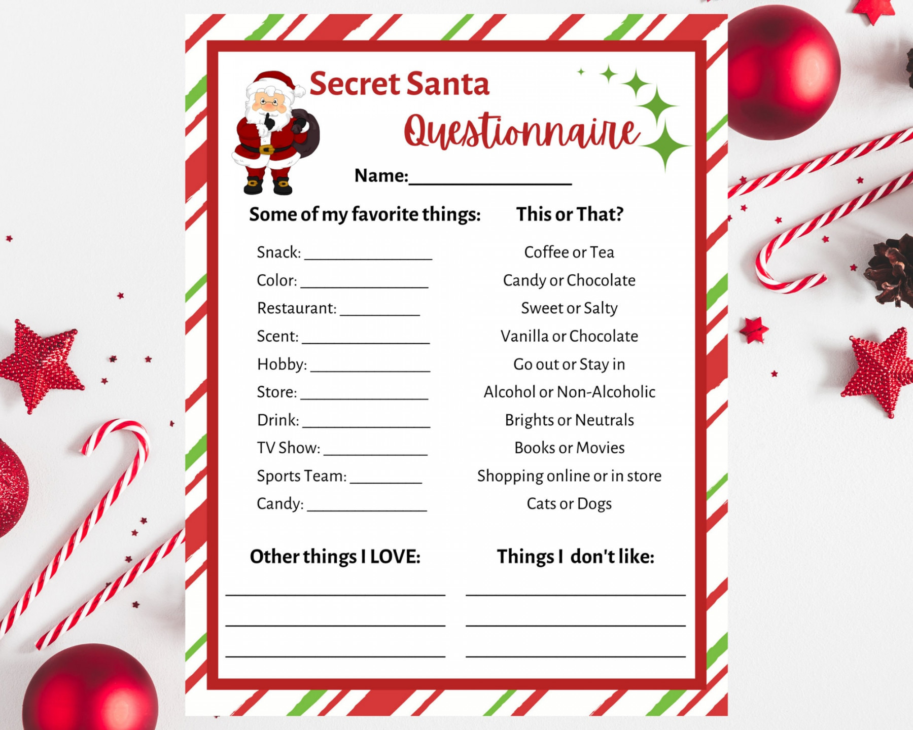 Secret Santa Questionnaire Printable. Secret Santa Form. - Etsy