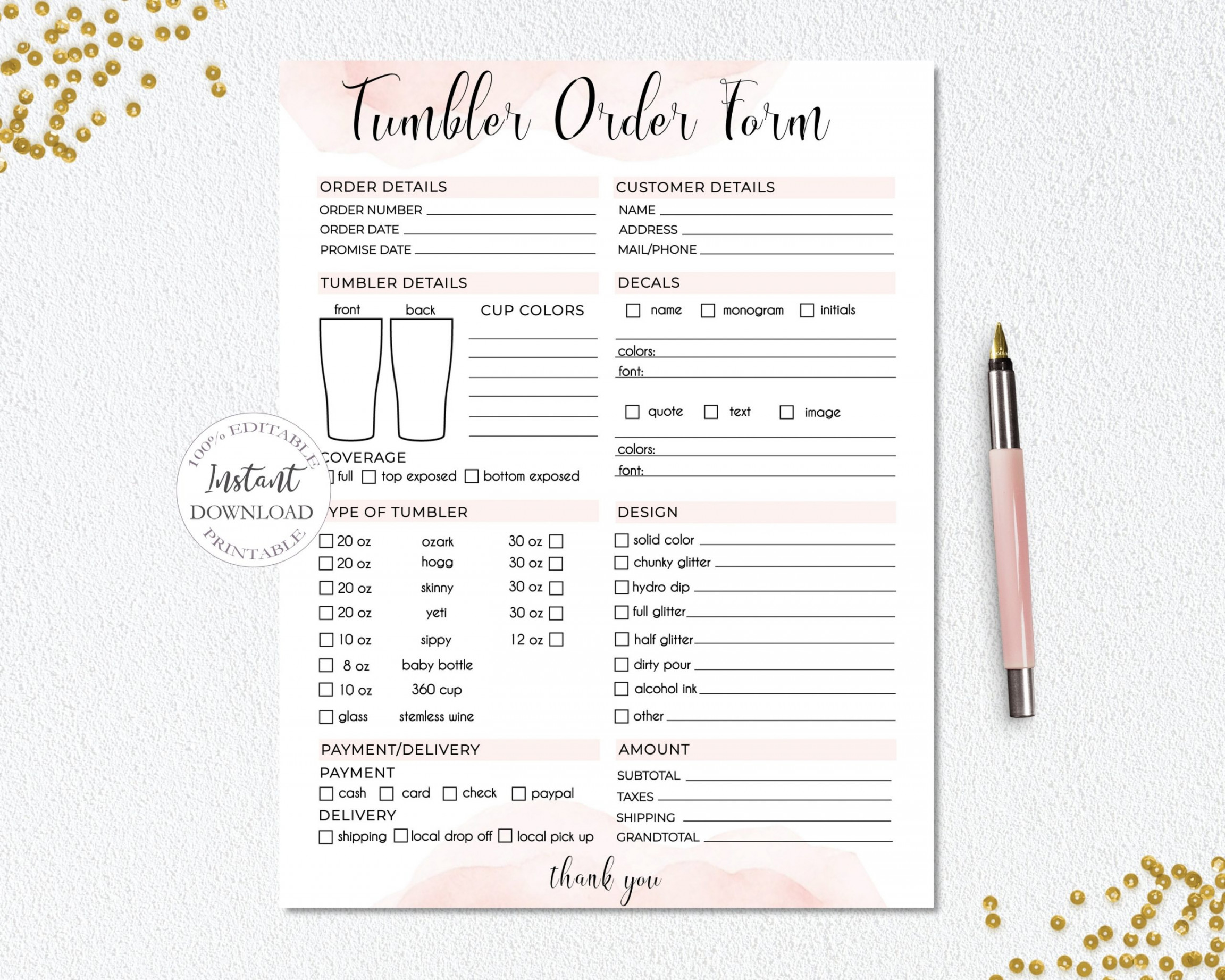 SunRayArt Designs - Tumbler Order Form Template