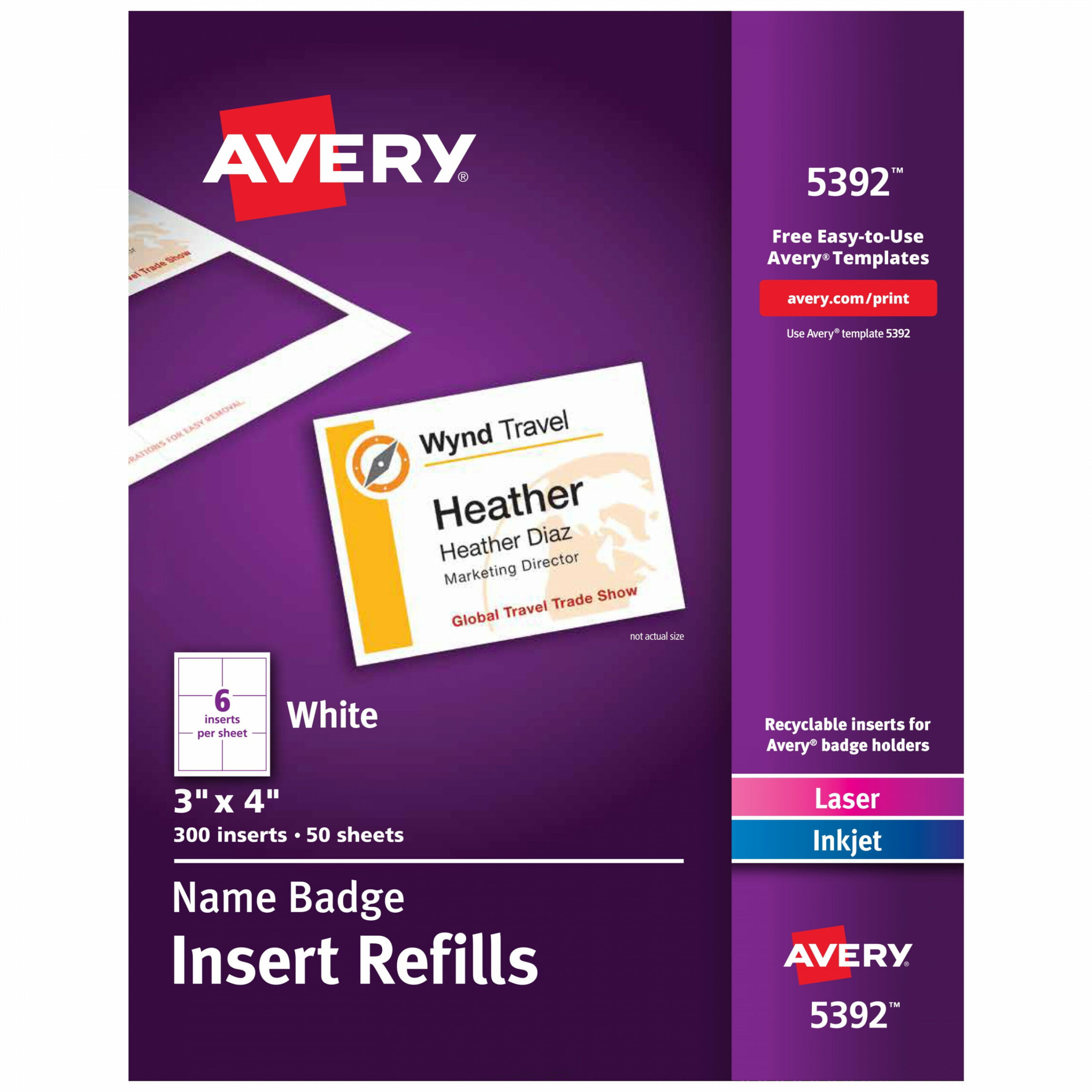 Avery Customizable Name Badge Inserts, " x ", White, Print or