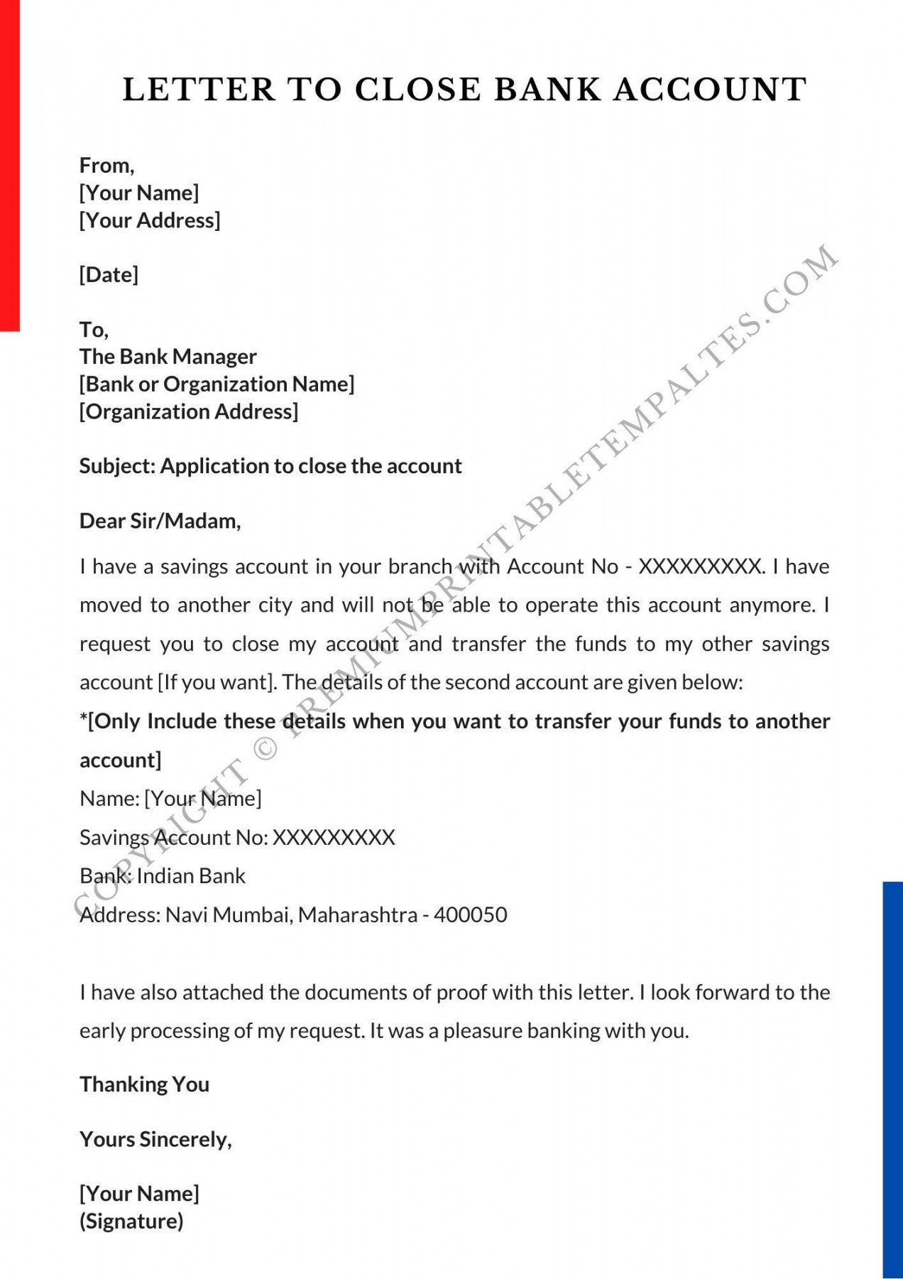 Bank Account Closing Letter Printable Template in PDF & Word [Pack