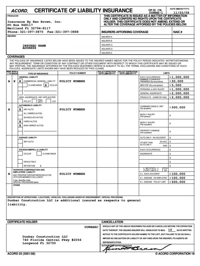 Certificate of liability insurance form: Fill out & sign online