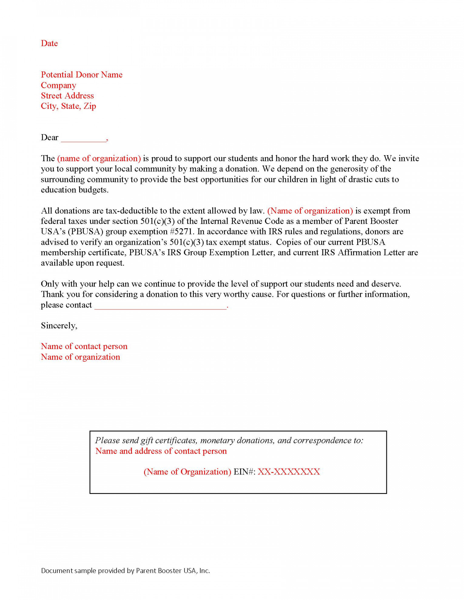 Donation Solicitation Letter Template  Parent Booster USA