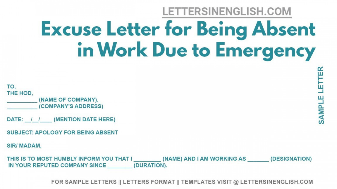 Excuse Letter for Being Absent in Work Due to Emergency  Letter of Excuse  for Absence in Work