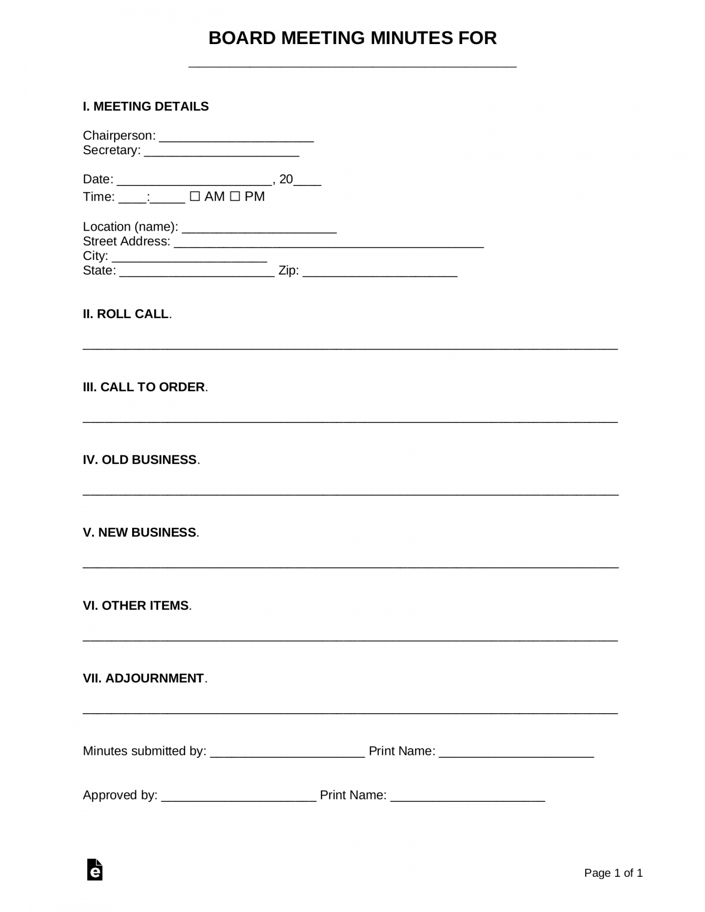 Free Board Meeting Minutes Template  Sample - PDF  Word – eForms