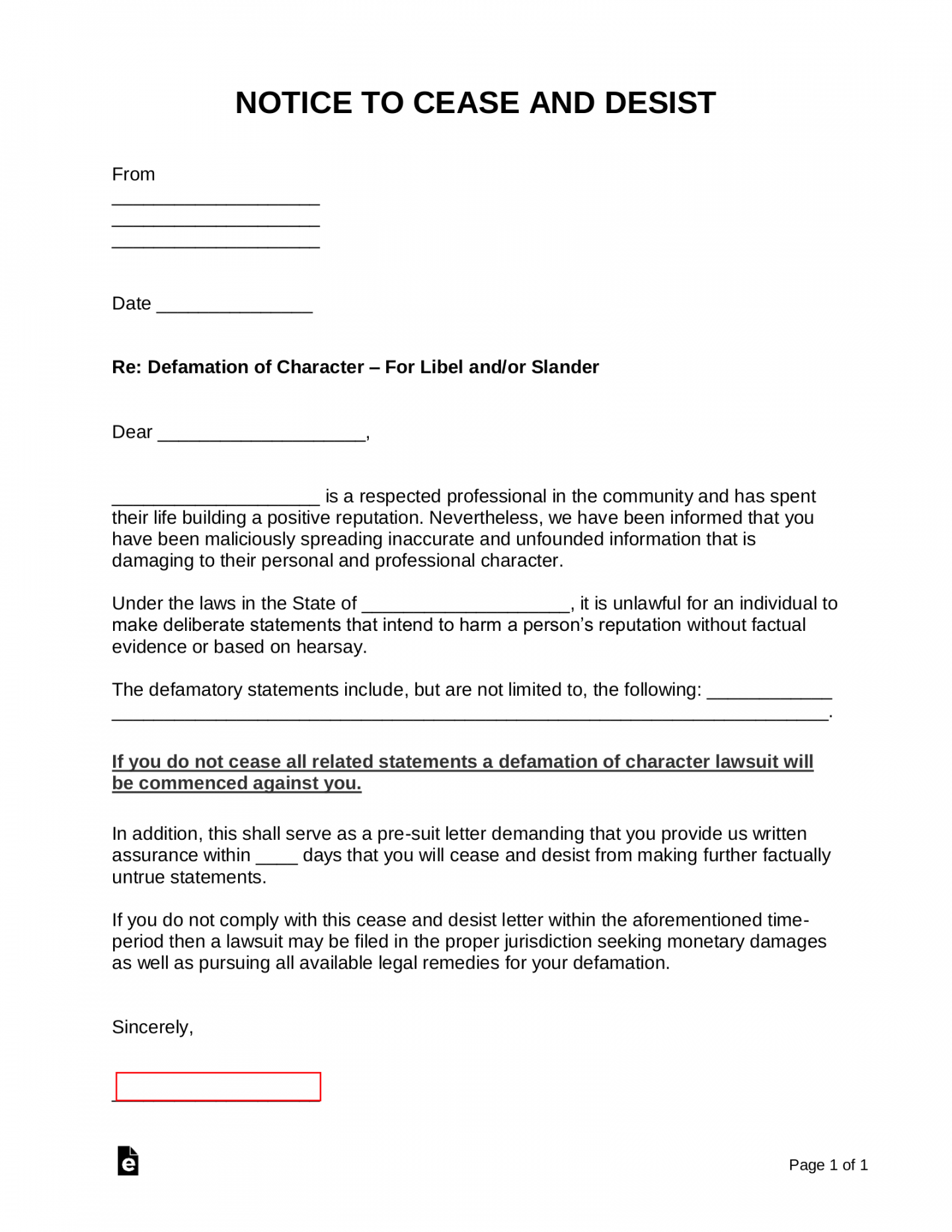 Free Defamation (Slander / Libel) Cease and Desist Letter - PDF