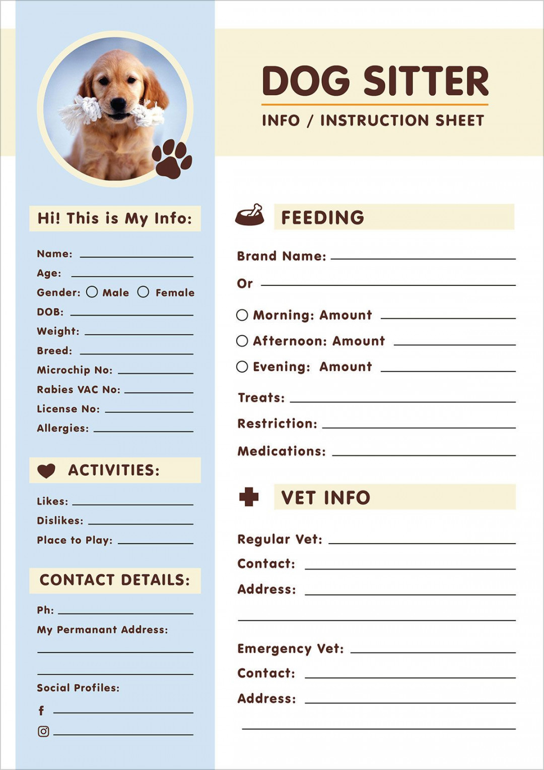 Free Dog Sitter Instruction / Information Sheet Design Template