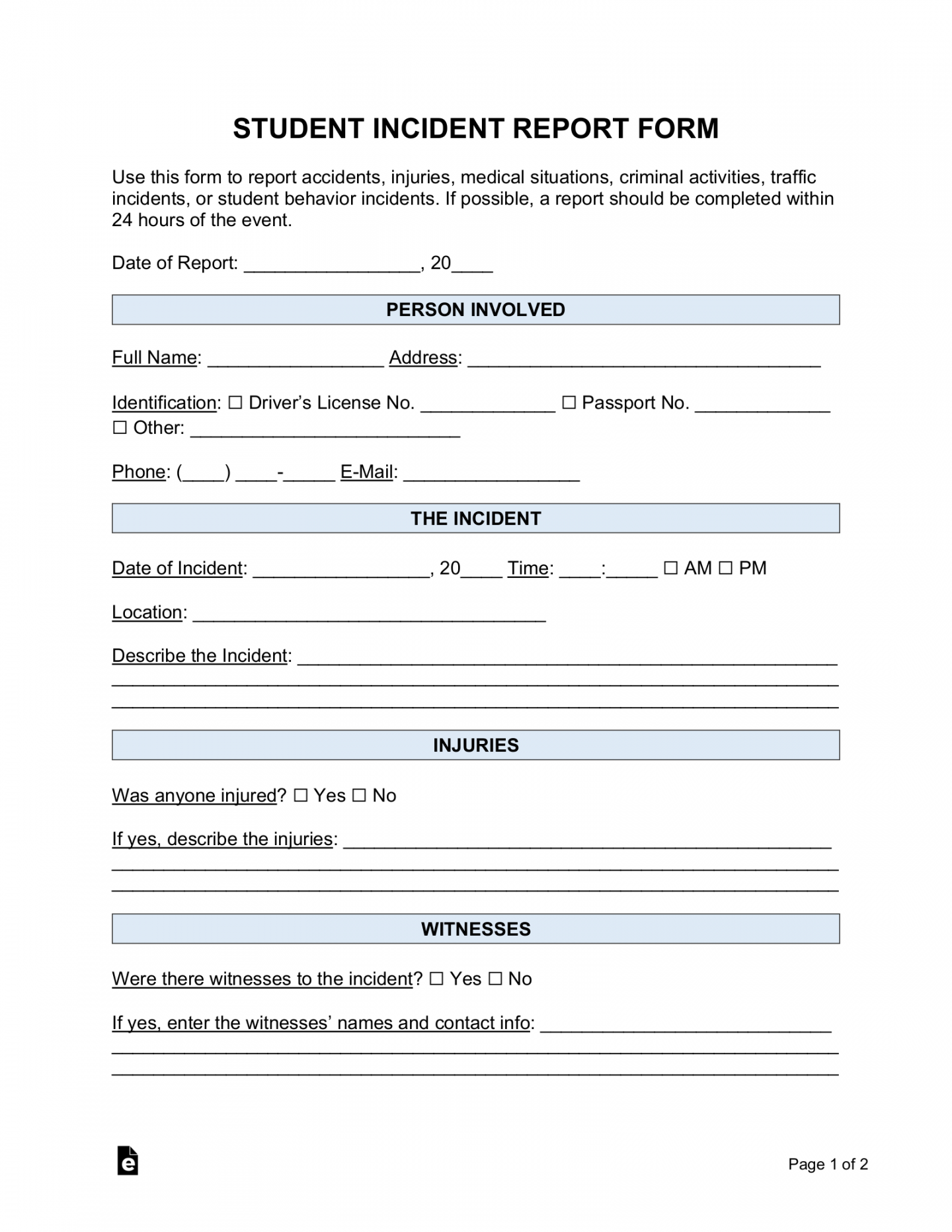 Free Incident Report Templates ()  Sample - PDF  Word – eForms