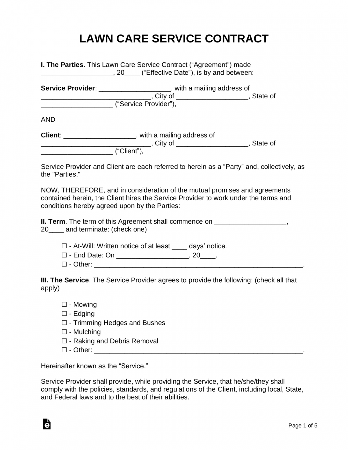 Free Lawn Care Service Contract  Samples () - PDF  Word – eForms