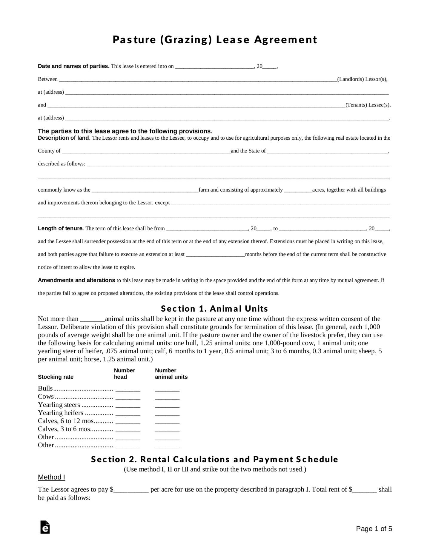 Free Pasture (Grazing) Rental Lease Agreement Template - PDF