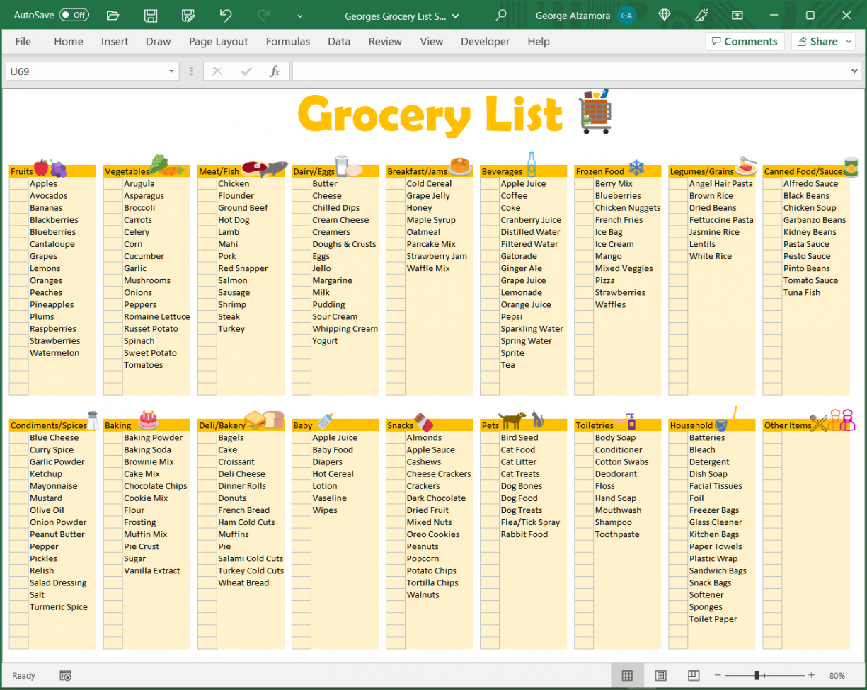 Grocery List Spreadsheet  Printable & Editable Food Shopping