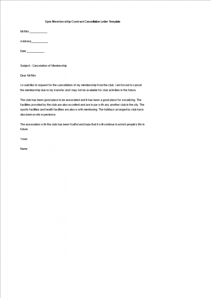 Gym Membership Contract Cancellation Letter - Download this Club