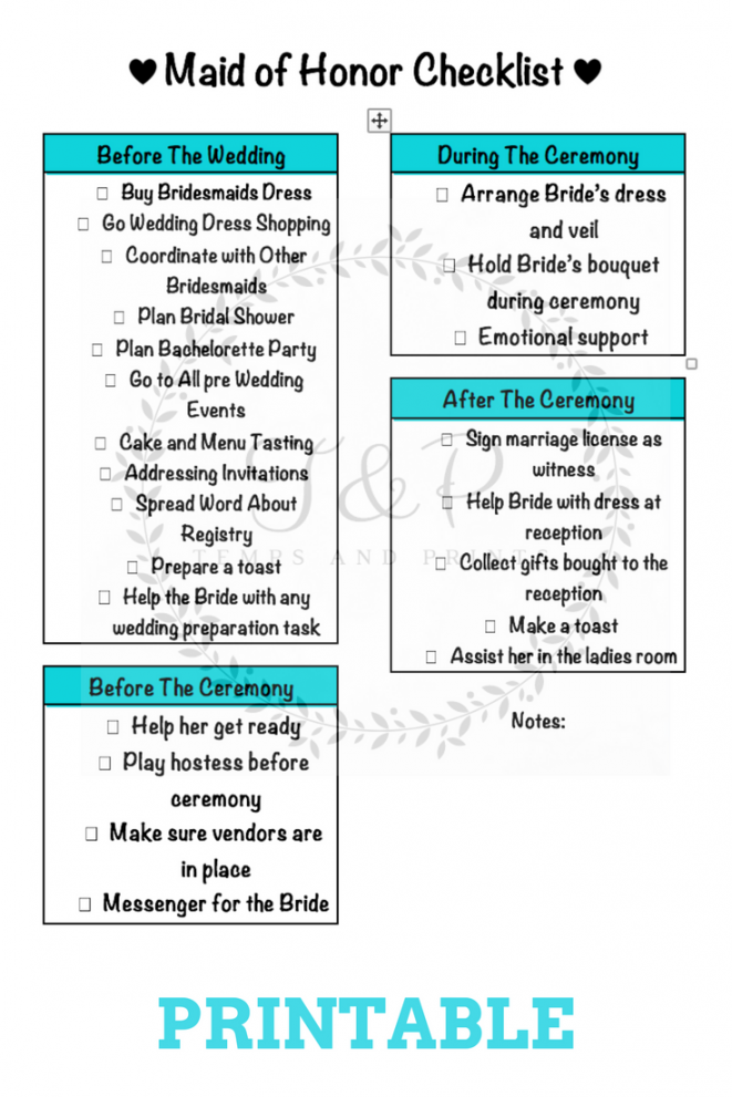 Keep track of all maid of honor duties with this checklist