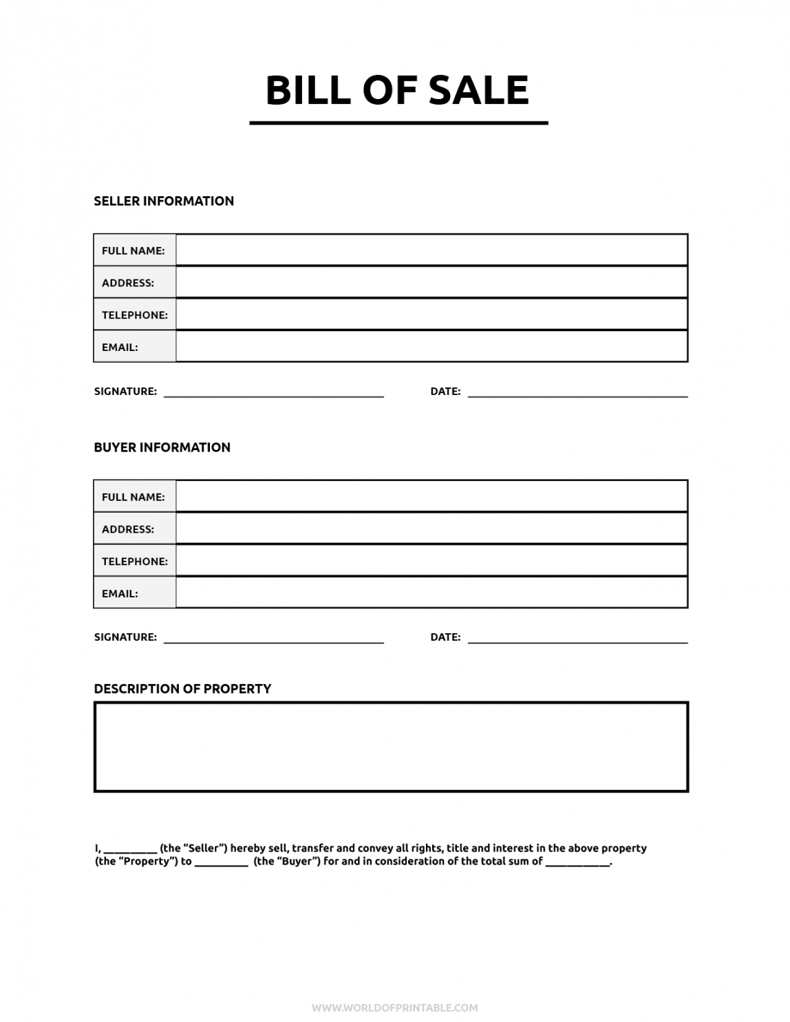 Printable Bill of Sale - World of Printables