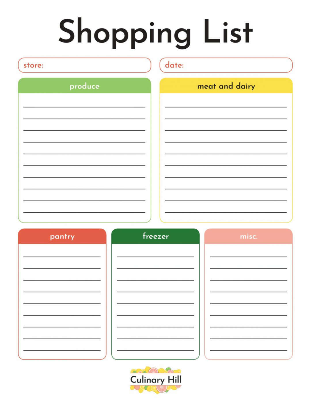 Shopping List Template - Culinary Hill