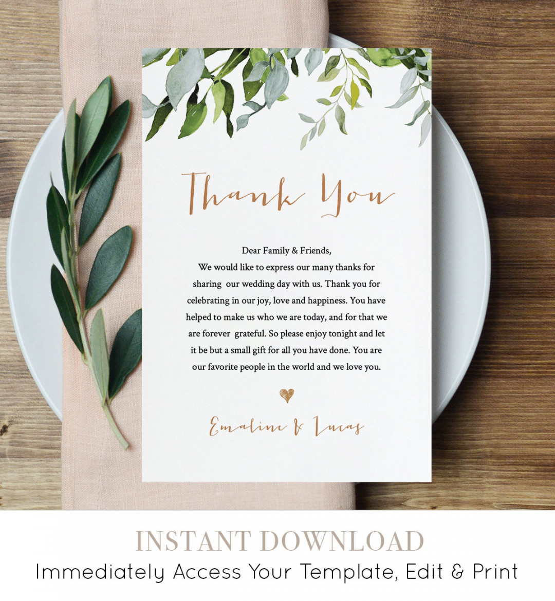 Thank You Letter Template Wedding Reception Thank You Note - Etsy