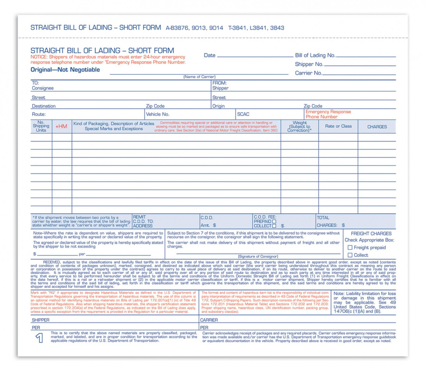 Adams Bill of Lading Short Form, . X