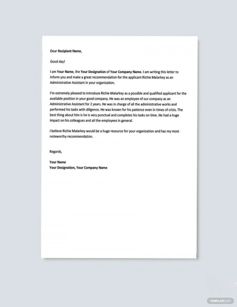 Administrative Assistant Recommendation Letter Template - Download