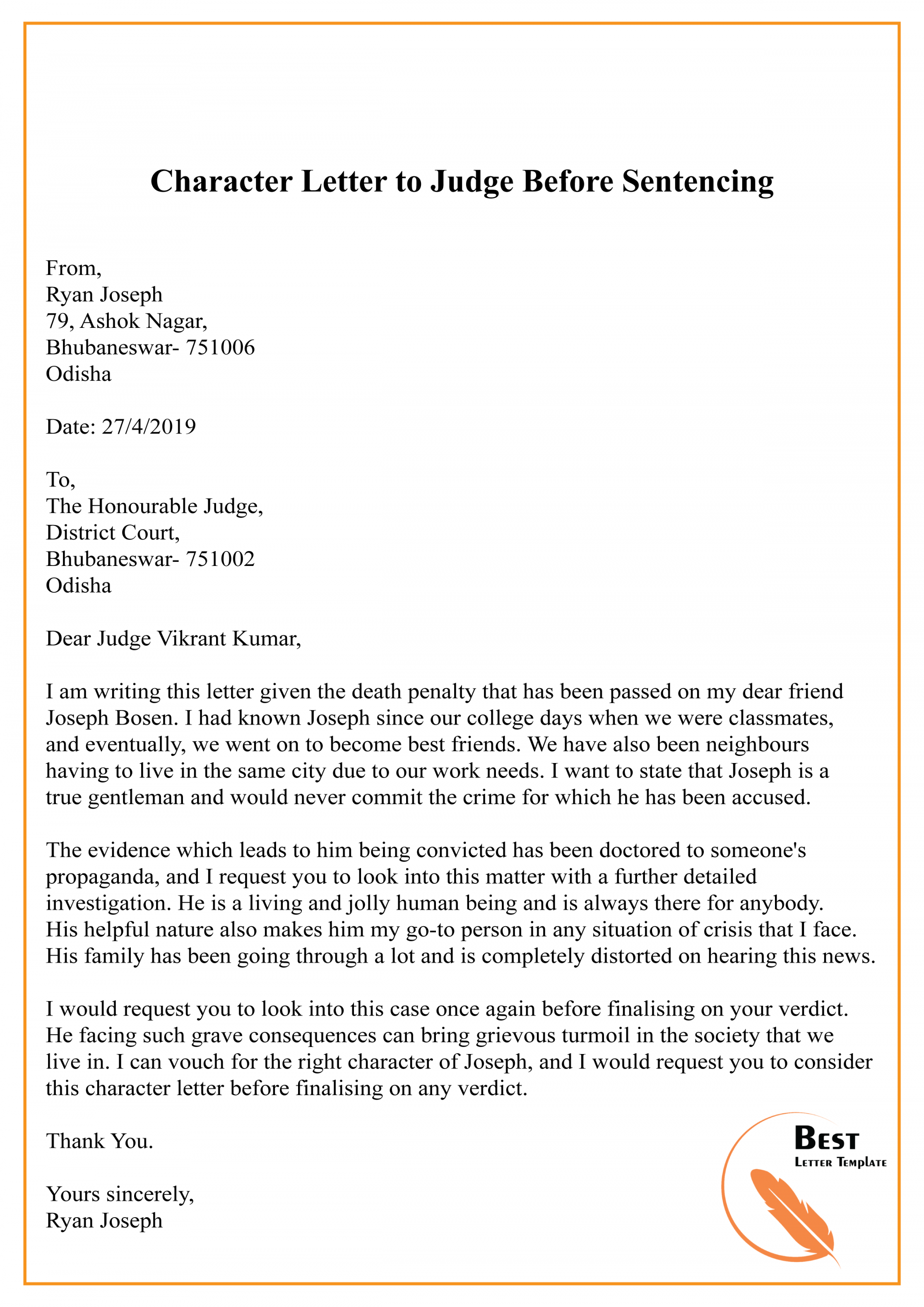 Awesome Sample Character Letter To Judge Before Sentencing And