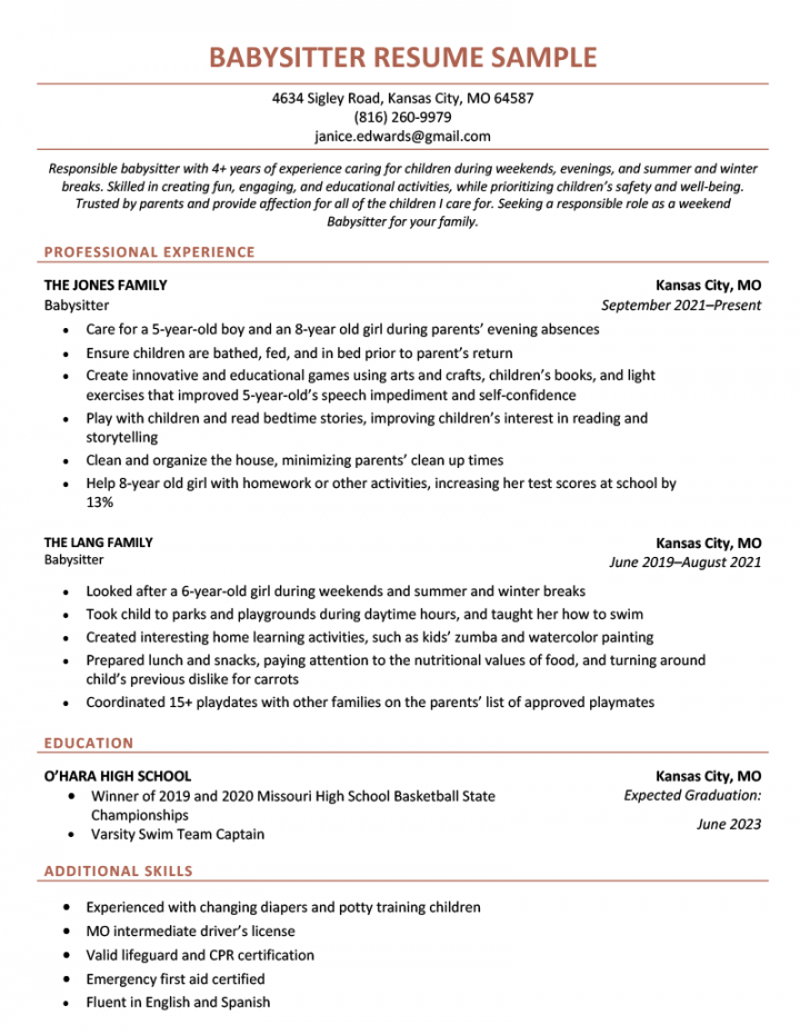 Babysitter Resume [Sample for Free Download]