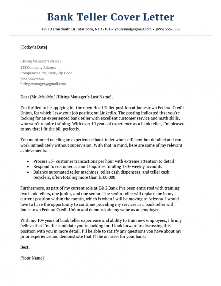 Bank Teller Cover Letter Example [+Writing Tips]  Resume Genius