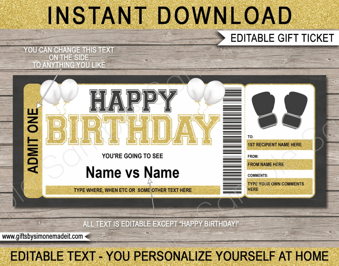 Boxing Ticket Template Birthday Gift - Surprise Match Ticket - Printable  Gift Voucher Certificate Coupon Template - EDITABLE TEXT DOWNLOAD