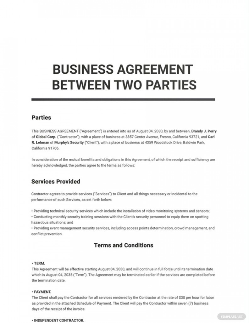 Business Agreement between Two Parties Template - Download in Word