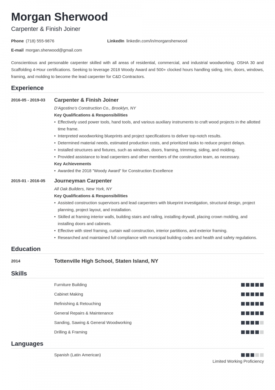 Carpenter Resume Examples (+ Carpentry Resume Skills)