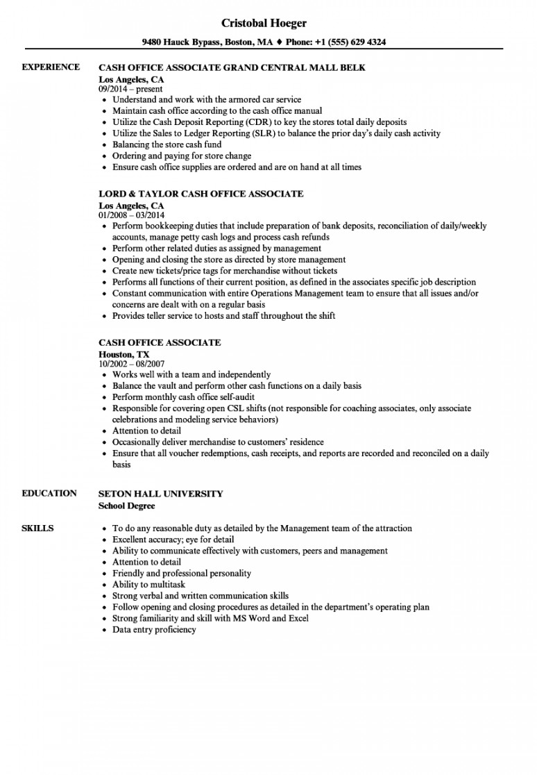 Cash Office Associate Resume Samples  Velvet Jobs