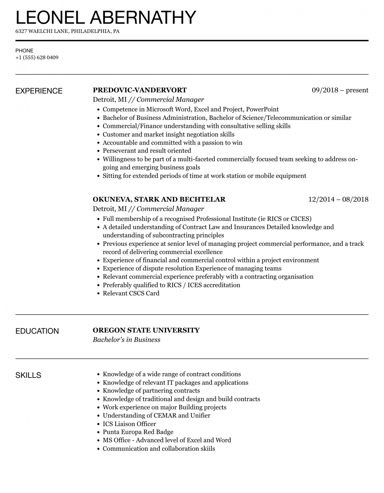 Commercial Manager Resume Samples  Velvet Jobs