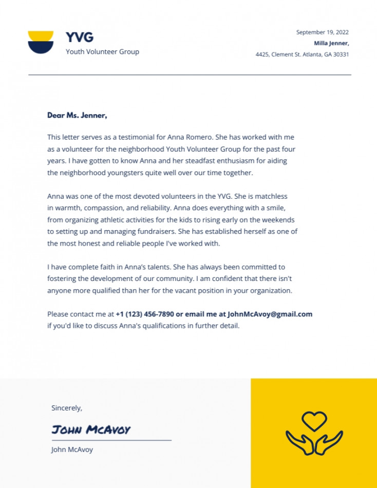 Community Services Letter of Recommendation Template  Visme