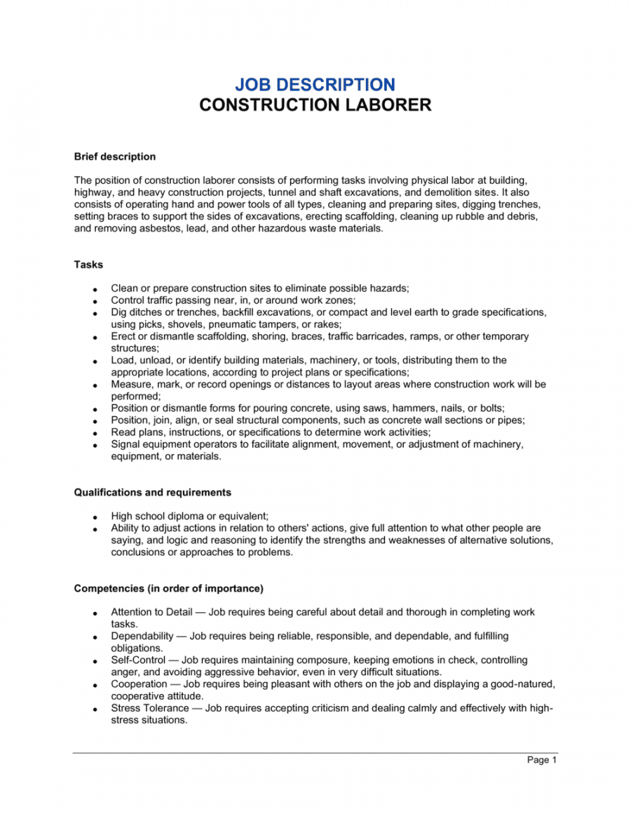 Construction Laborer Job Description Template  Business-in-a-Box™