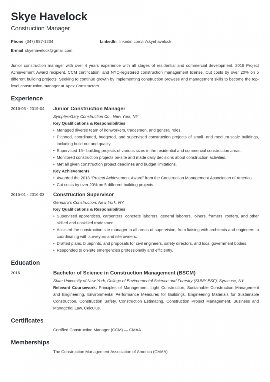 Construction Manager Resume Sample [+Objective & Skills]