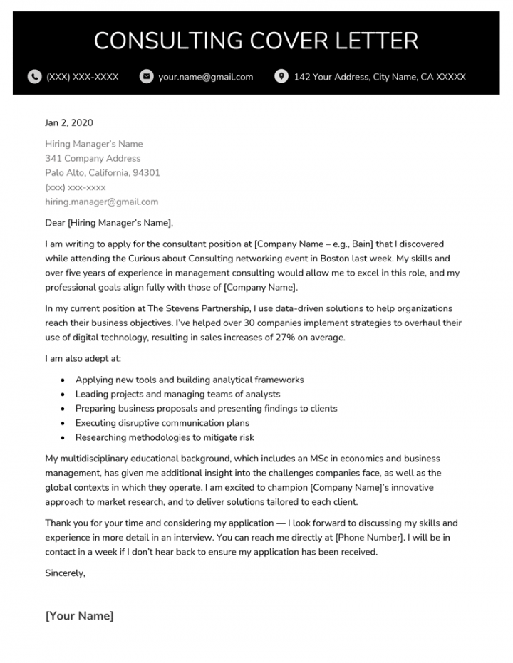 Consulting Cover Letter Example, Skills, and Achievements ()