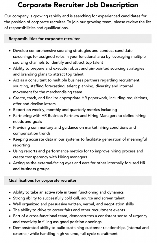 Corporate Recruiter Job Description  Velvet Jobs