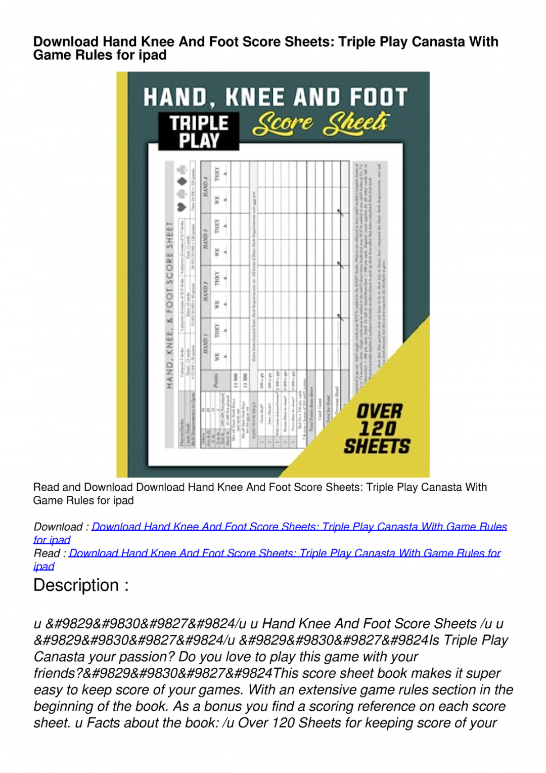 Download Hand Knee And Foot Score Sheets: Triple Play Canasta With