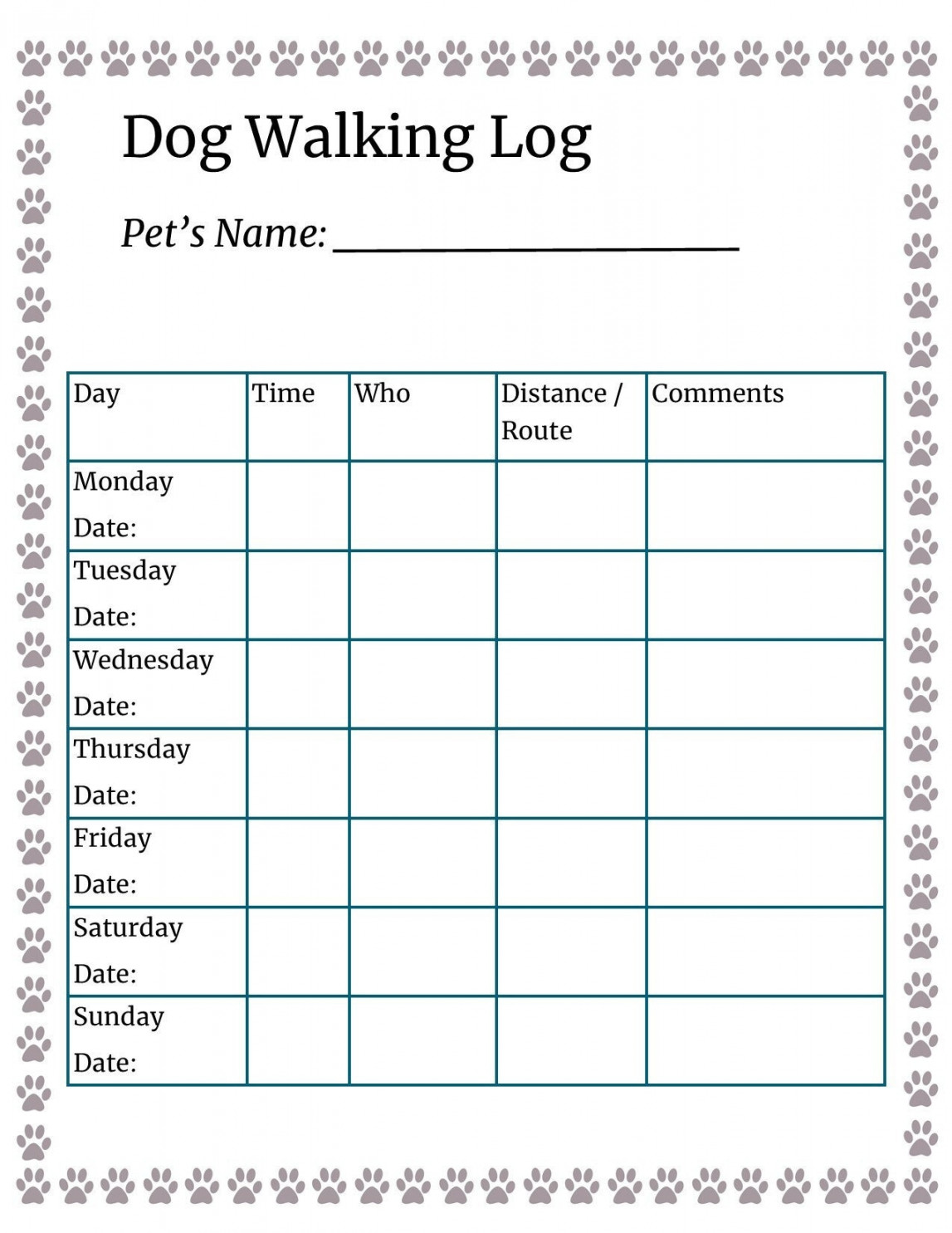 Druckbares Dog Walking Log Dog Walking Tracker Haustier Log - Etsy