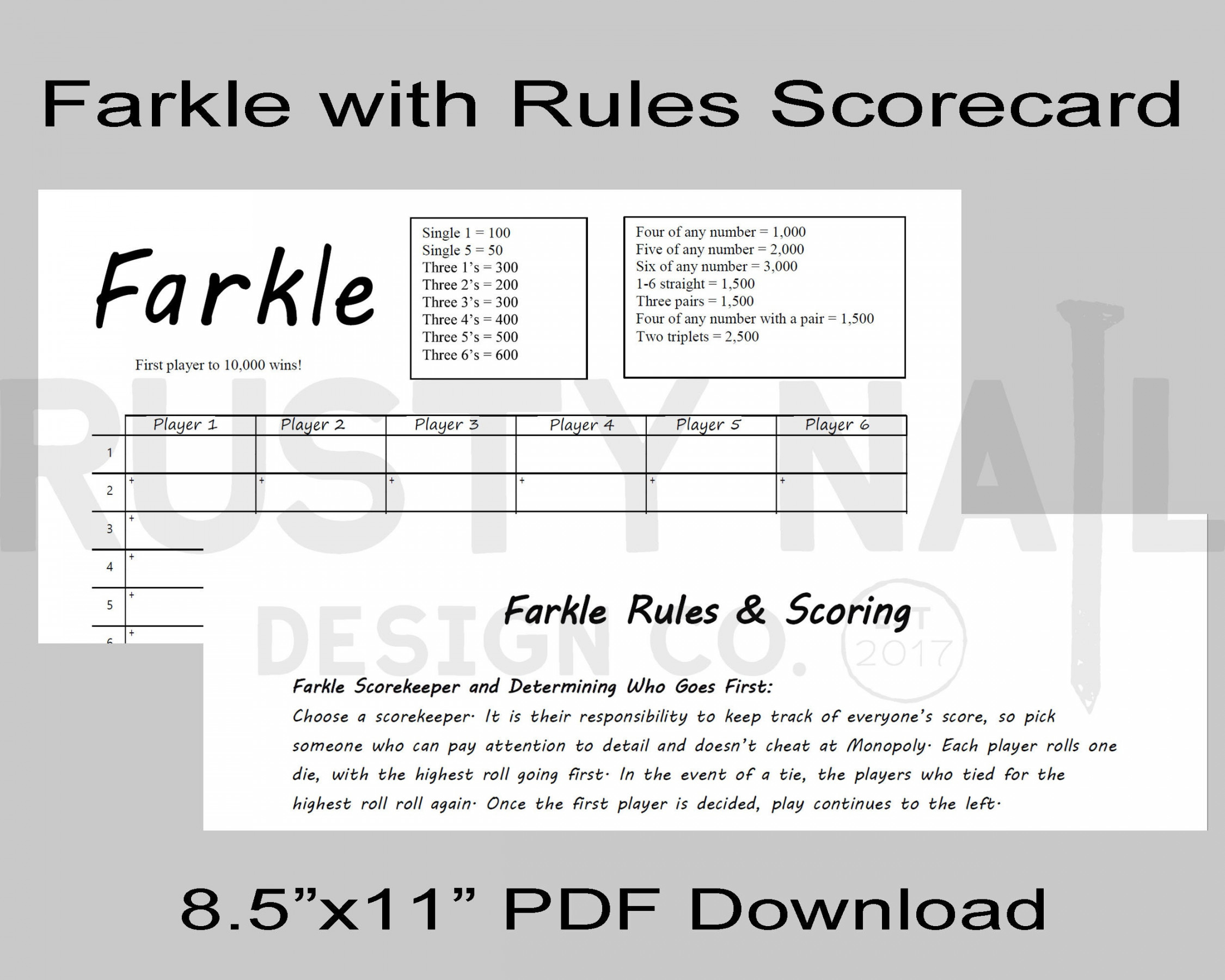 Farkle Game Scorecard PDF - ,x Double-Sided Scorecard, Farkle auf der  Vorderseite, Regeln auf der Rückseite