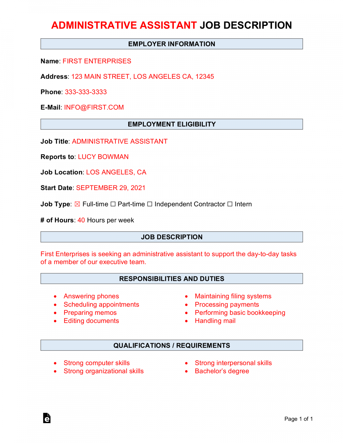 Free Administrative Assistant Job Description Template  Sample