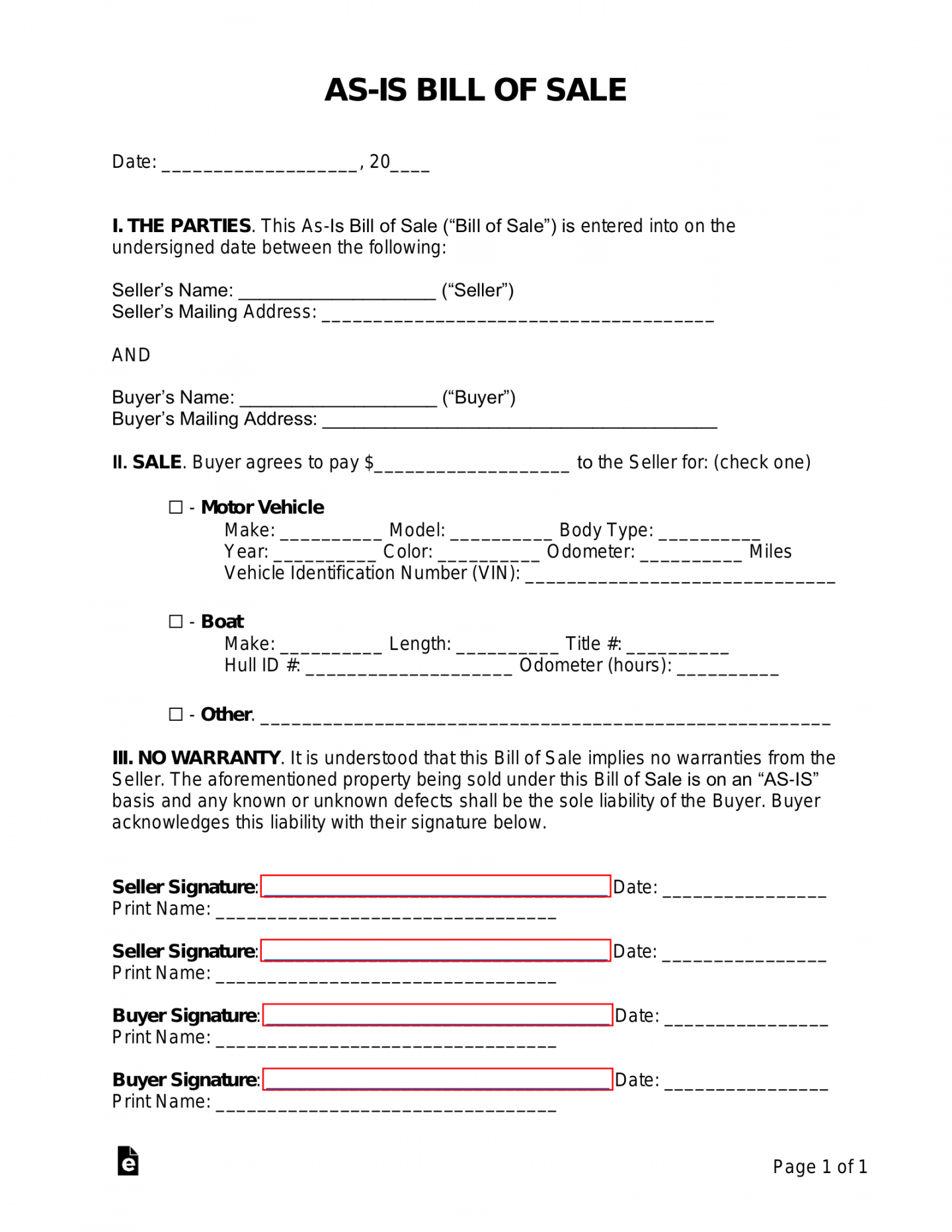 Free As-Is (No Warranty) Bill of Sale Template - PDF  Word – eForms