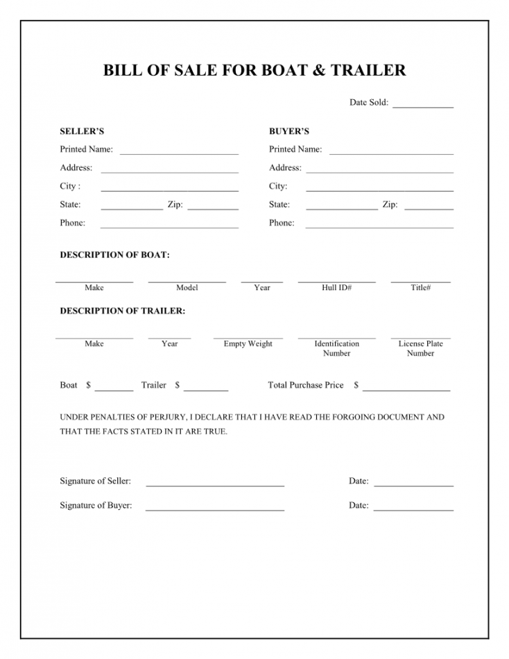 Free Boat & Trailer Bill of Sale Form - Download PDF  Word  Bill