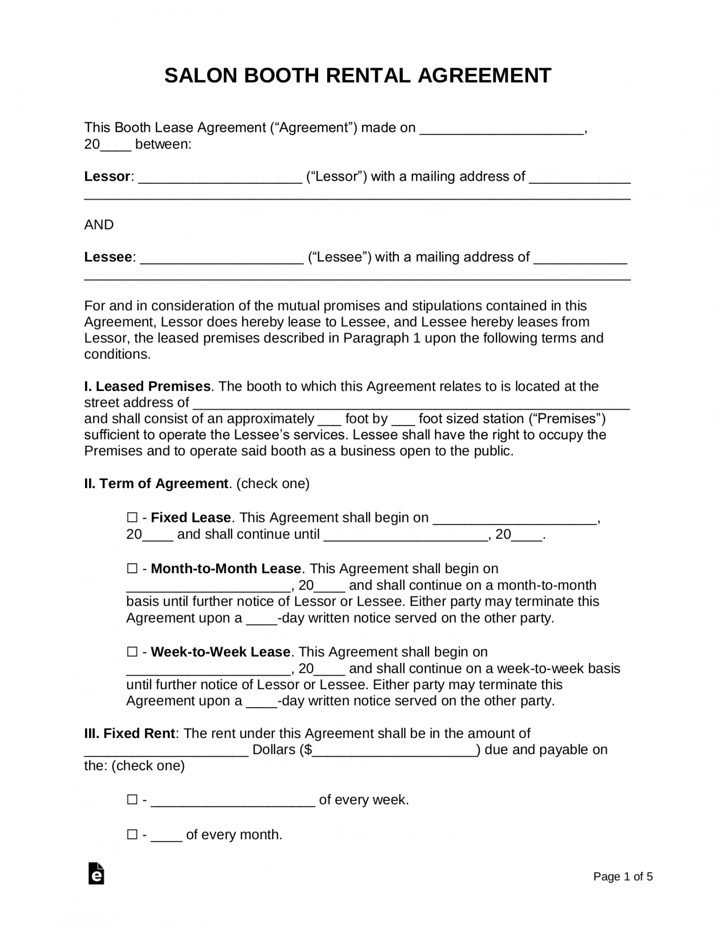 Free Booth (Salon) Rental Lease Agreement - PDF  Word – eForms