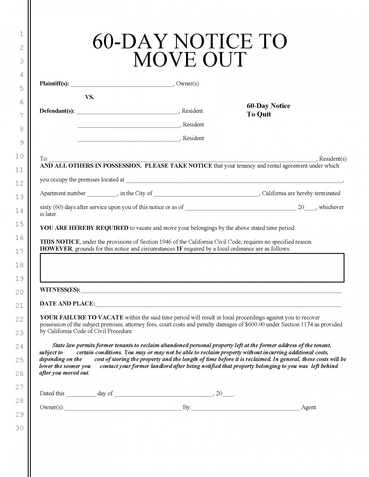 Free California -Day Notice to Quit  Lease Termination (Over