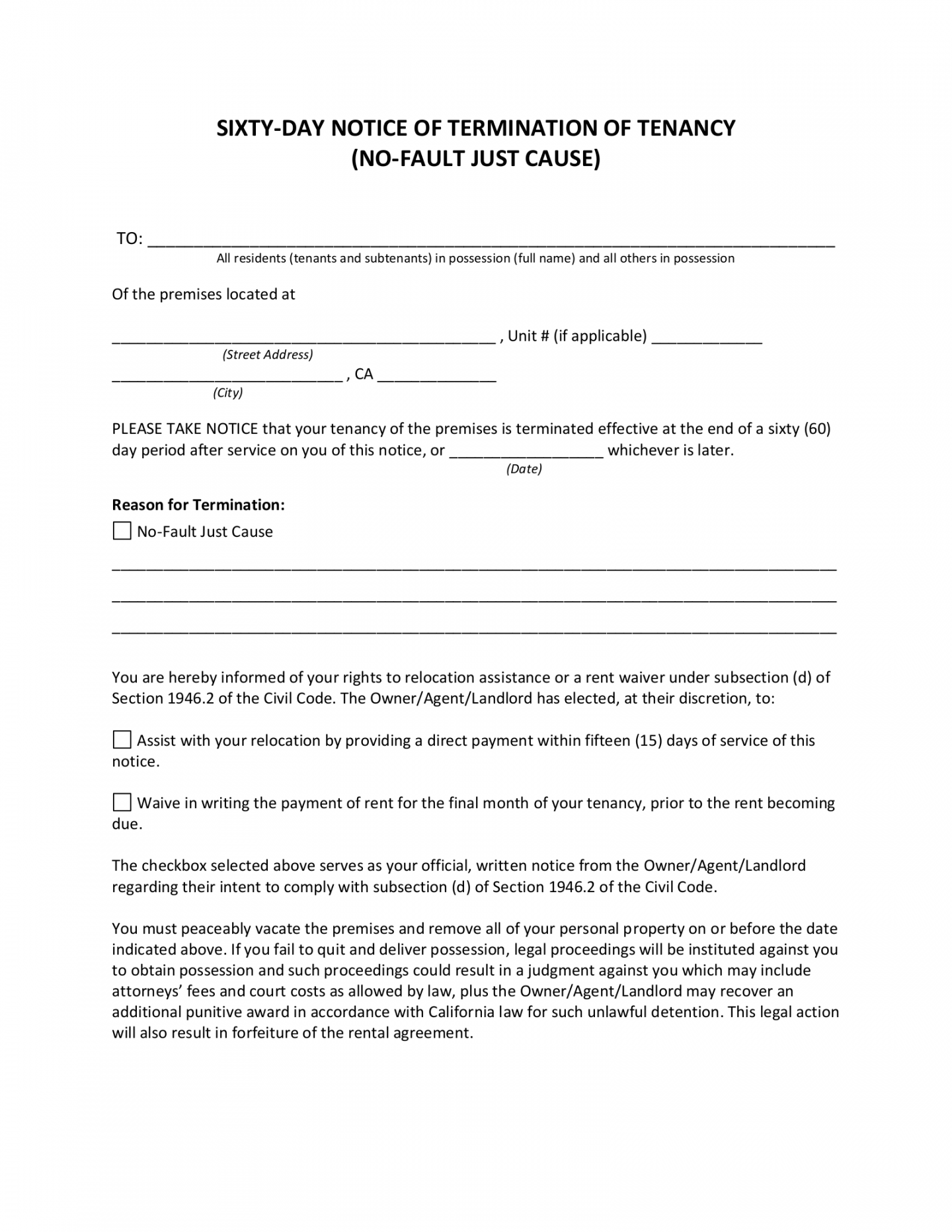 Free California Lease Termination Letter Form  -Day Notice