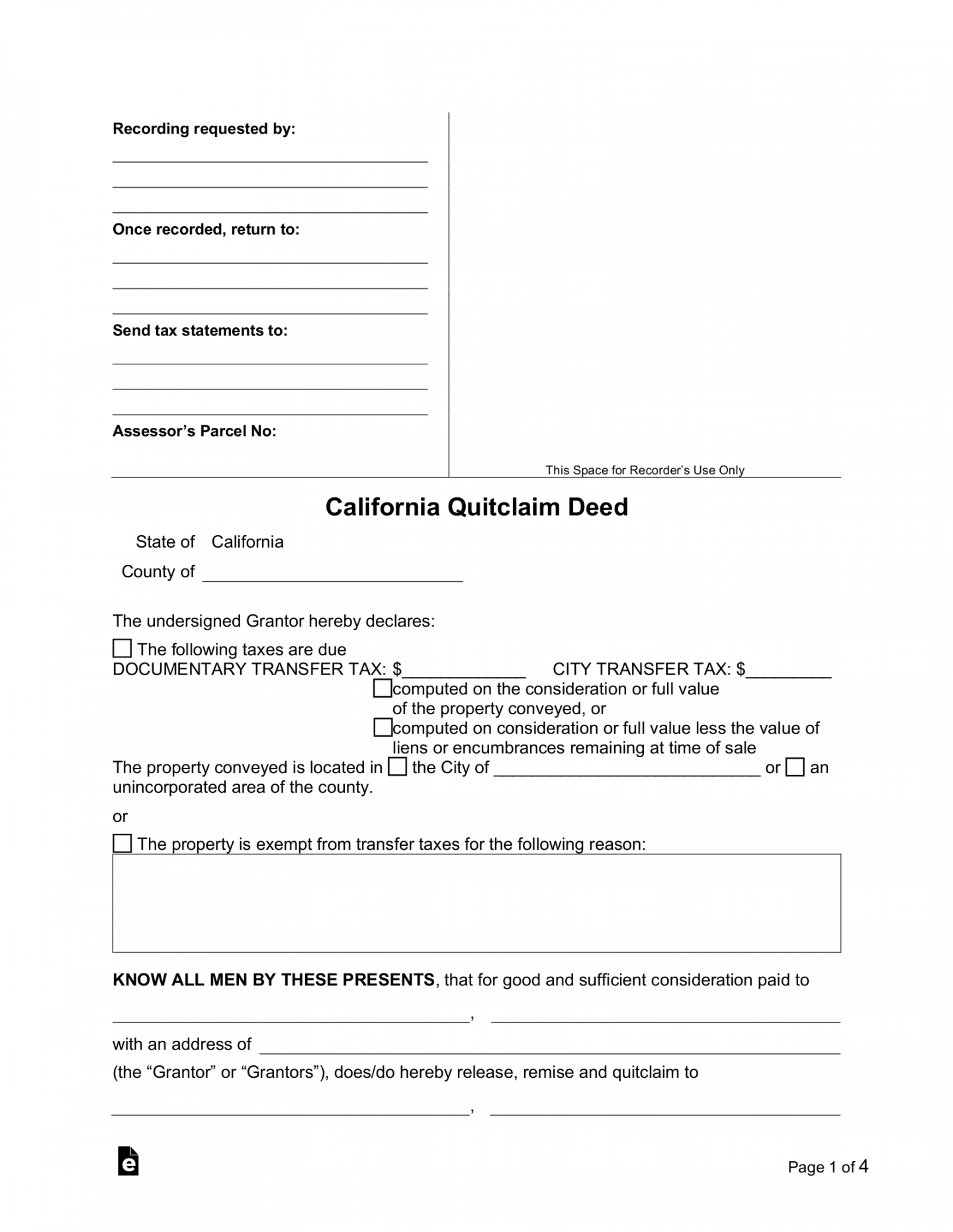 Free California Quit Claim Deed Form - PDF  Word – eForms